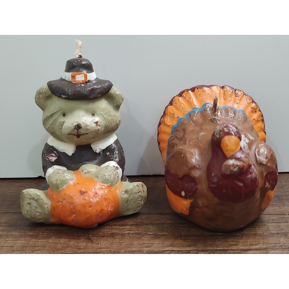 Vintage Turkey and Pilgrim Bear Small Candles Fall Thanksgiving A2